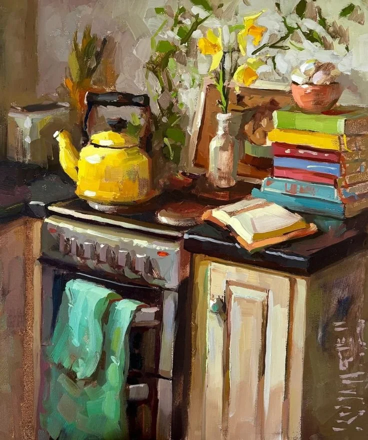 A still life painting of a kitchen countertop with a yellow kettle, a stack of colorful books, a small open notebook, a vase with white and yellow flowers, and a bowl. There is a stove with a green towel hanging from it.