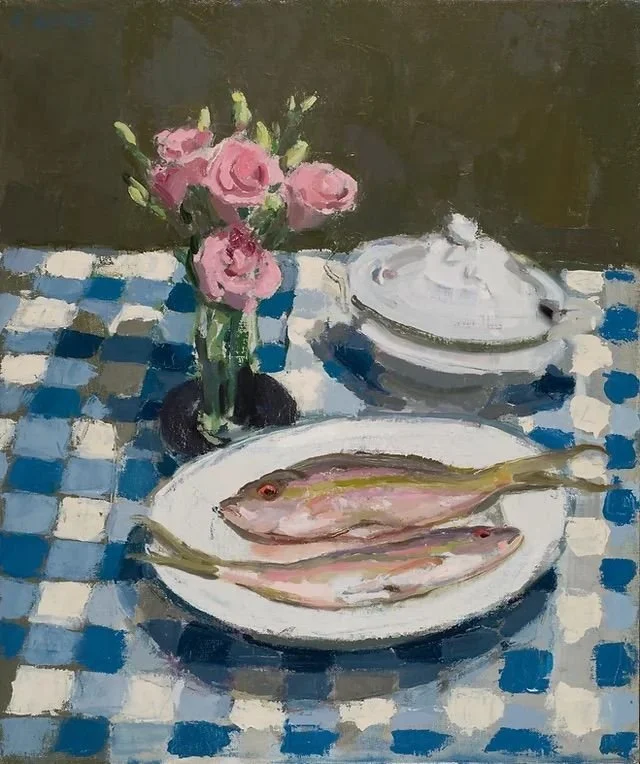 A still life painting of two fish on a white plate, a vase with pink flowers, and a covered dish on a blue and white checkered tablecloth.