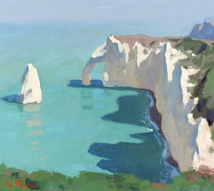 A painting of white chalk cliffs along a green coastline with a natural arch and a sea stack in the ocean.