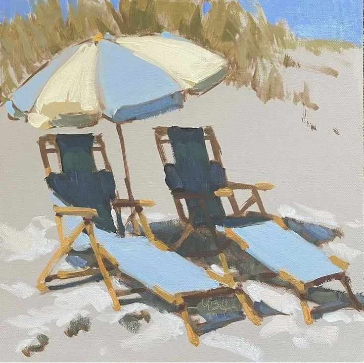 Painting of two lounge chairs with a large beach umbrella on a sandy beach, with dunes and blue sky in the background.
