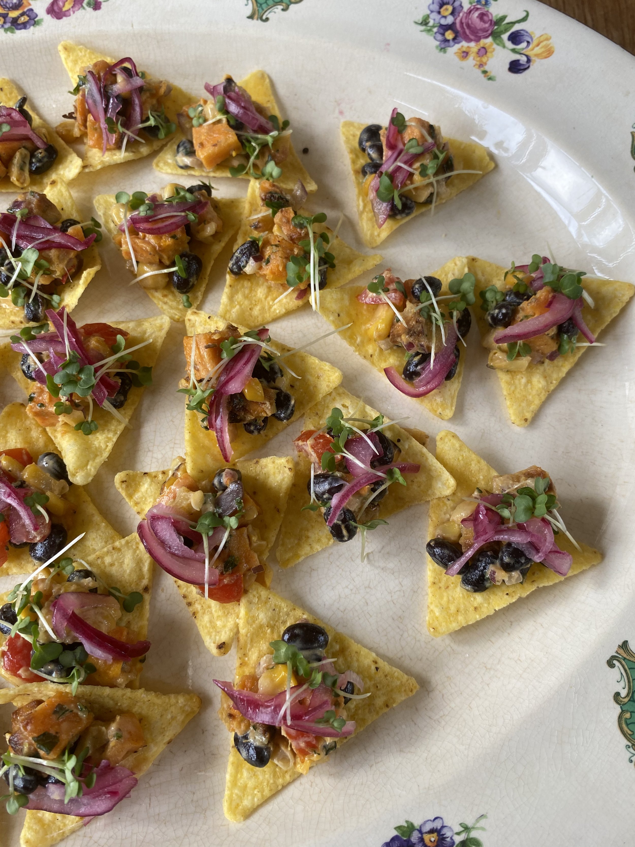 Crispy tortilla chips topped with black beans, diced tomatoes, pickled red onions, and microgreens on a floral-patterned plate.