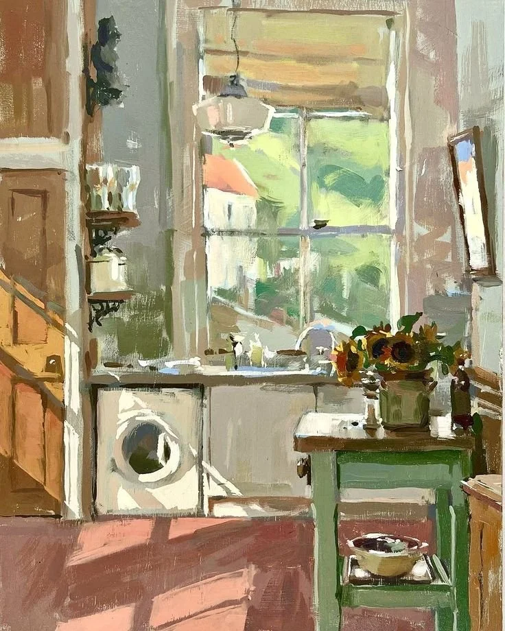 Interior view of a cozy kitchen with a large window, a table with a flower vase, a washing machine, and kitchen shelves, painted in an impressionistic style.