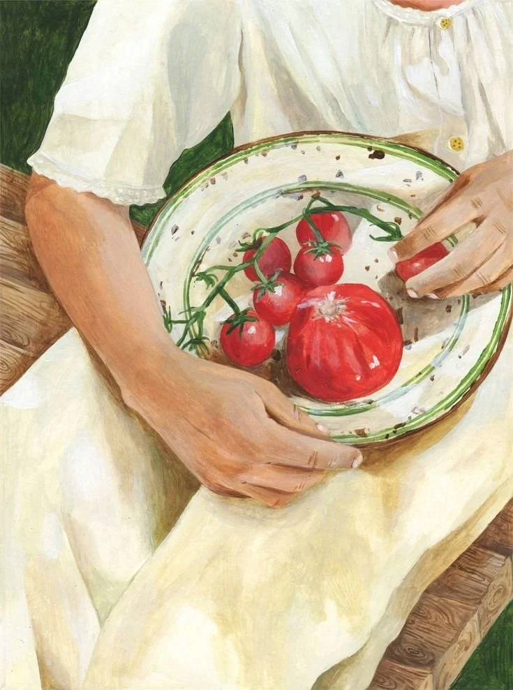 A person wearing a white shirt holding a ceramic bowl with fresh red tomatoes on a vine.