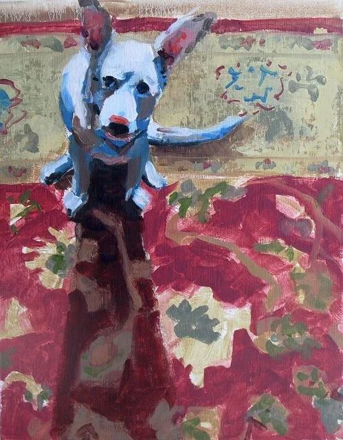A painting of a white dog with black markings standing on a patterned red and green carpet, looking directly at the viewer.