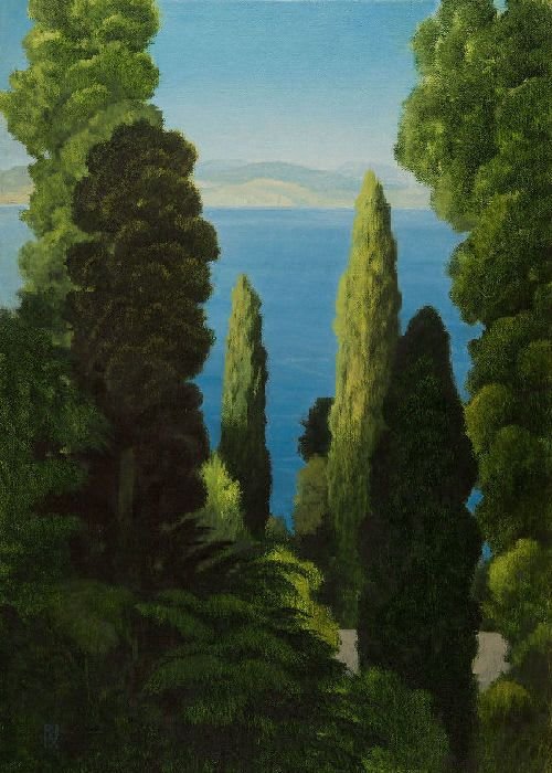 A painting of tall, dark green cypress trees in Corfu, framing a view of a blue ocean under a clear blue sky.