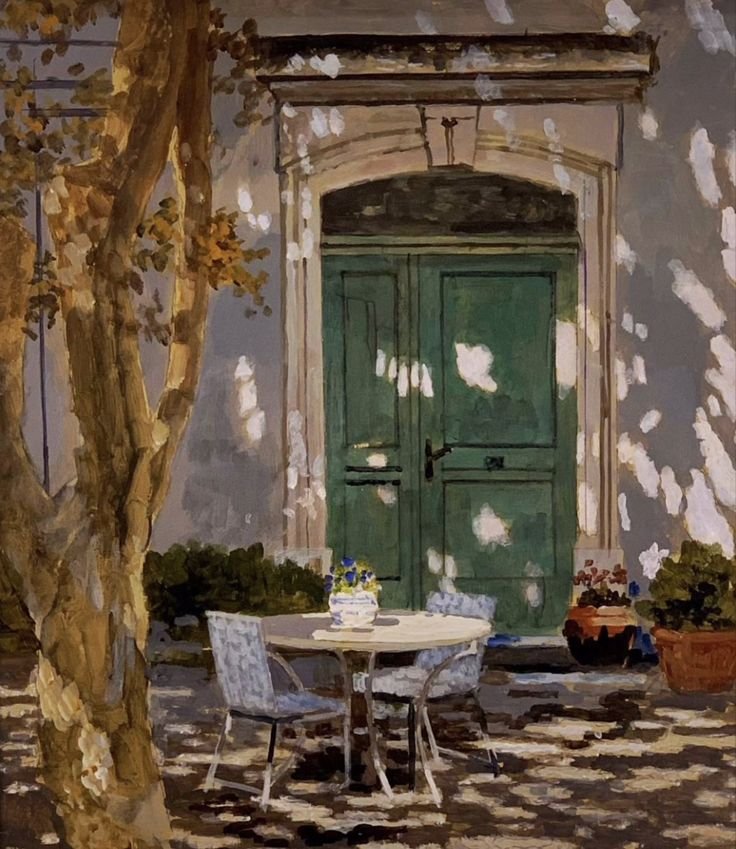 A painting of an outdoor patio scene with a green double-door, a round white table with a vase of flowers, and surrounding potted plants and trees.