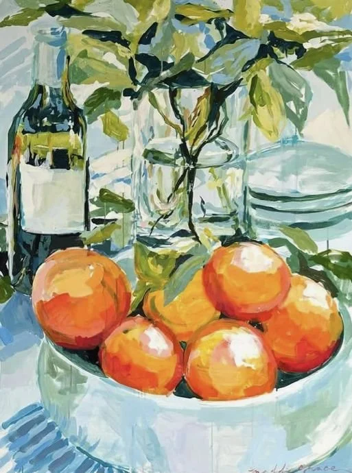Still life painting depicting a bowl of oranges and a glass of water with leafy plant in background.