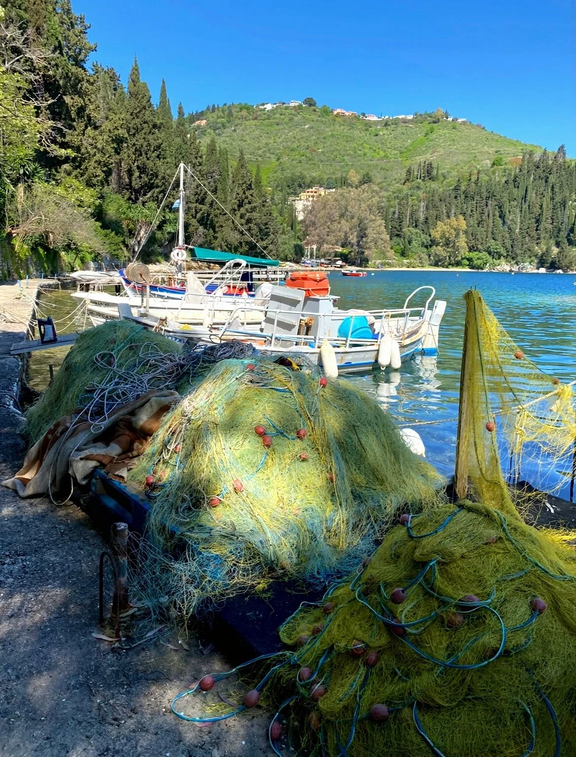 Fishing nets and ropes on the shore with boats in the water and green hills in the background under a bright blue sky.