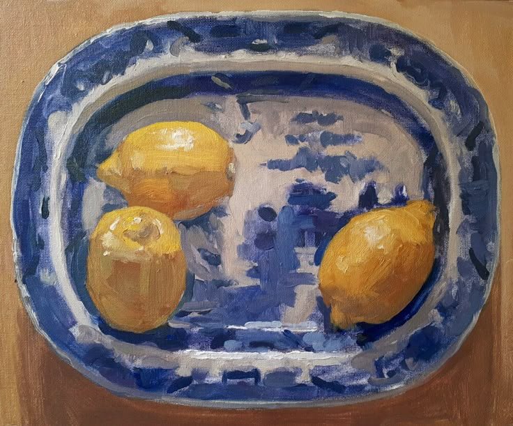 A painting of three yellow lemons placed on a blue and white ceramic plate.