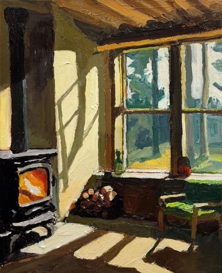 Oil painting of a cozy room with sunlight streaming through a large window, casting shadows on the floor. Inside, there is a wood stove, a small stack of firewood, a green bottle on the windowsill, and a chair with a green cushion.