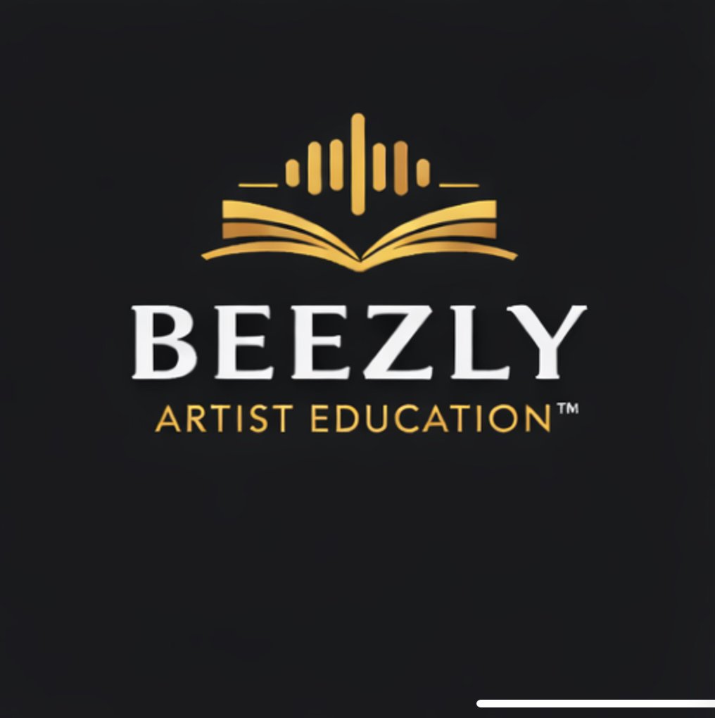 Logo for BeeZly Artist Education featuring a stylized gold and white open book with a sound wave design above it, against a black background.