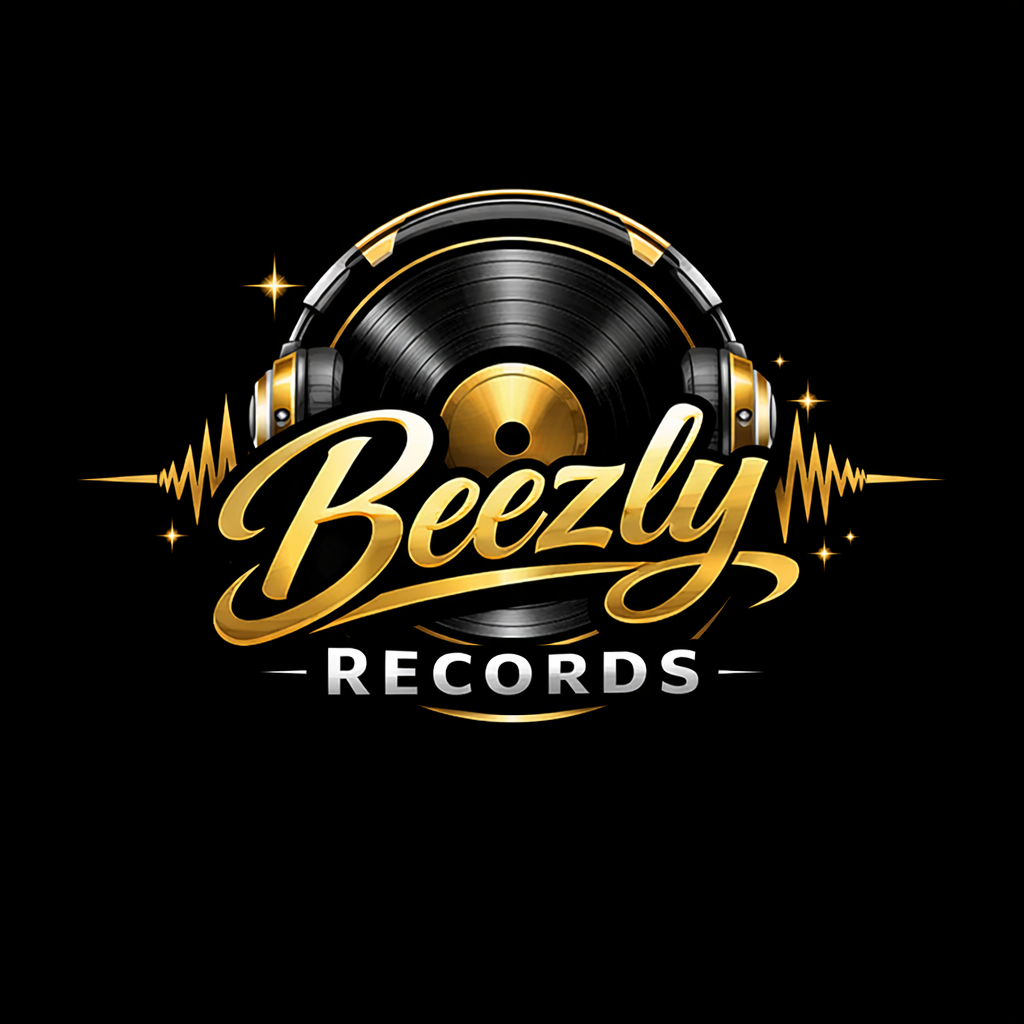 Logo for Beezy Records featuring a vinyl record with headphones and golden accents.