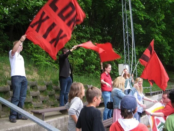 Menschen bei einer Demonstration, die rote Fahnen schwenken, im Freien mit Bäumen im Hintergrund.