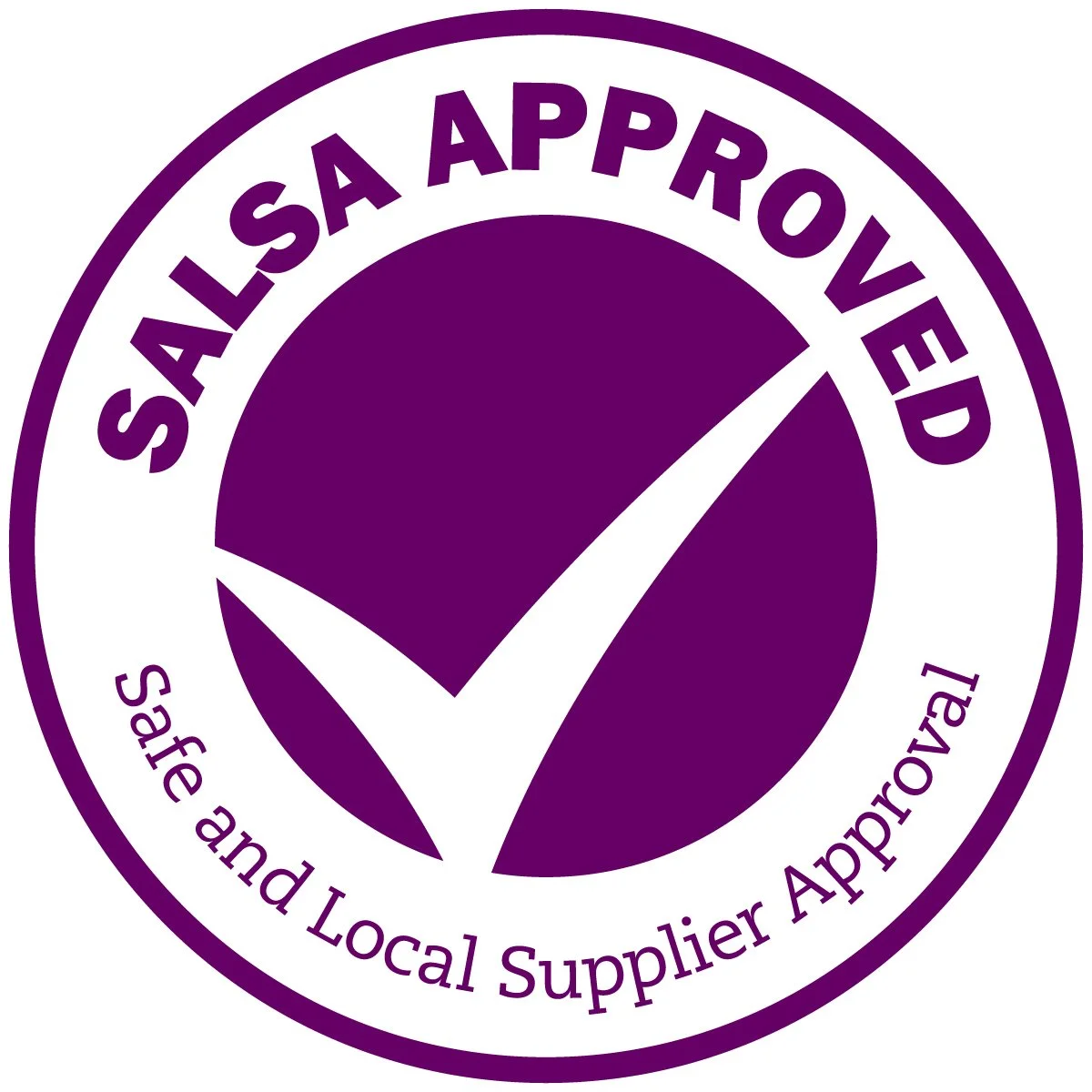 Purple circular badge with a check mark and the text 'SALSA APPROVED' and 'Safe and Local Supplier Approved'.