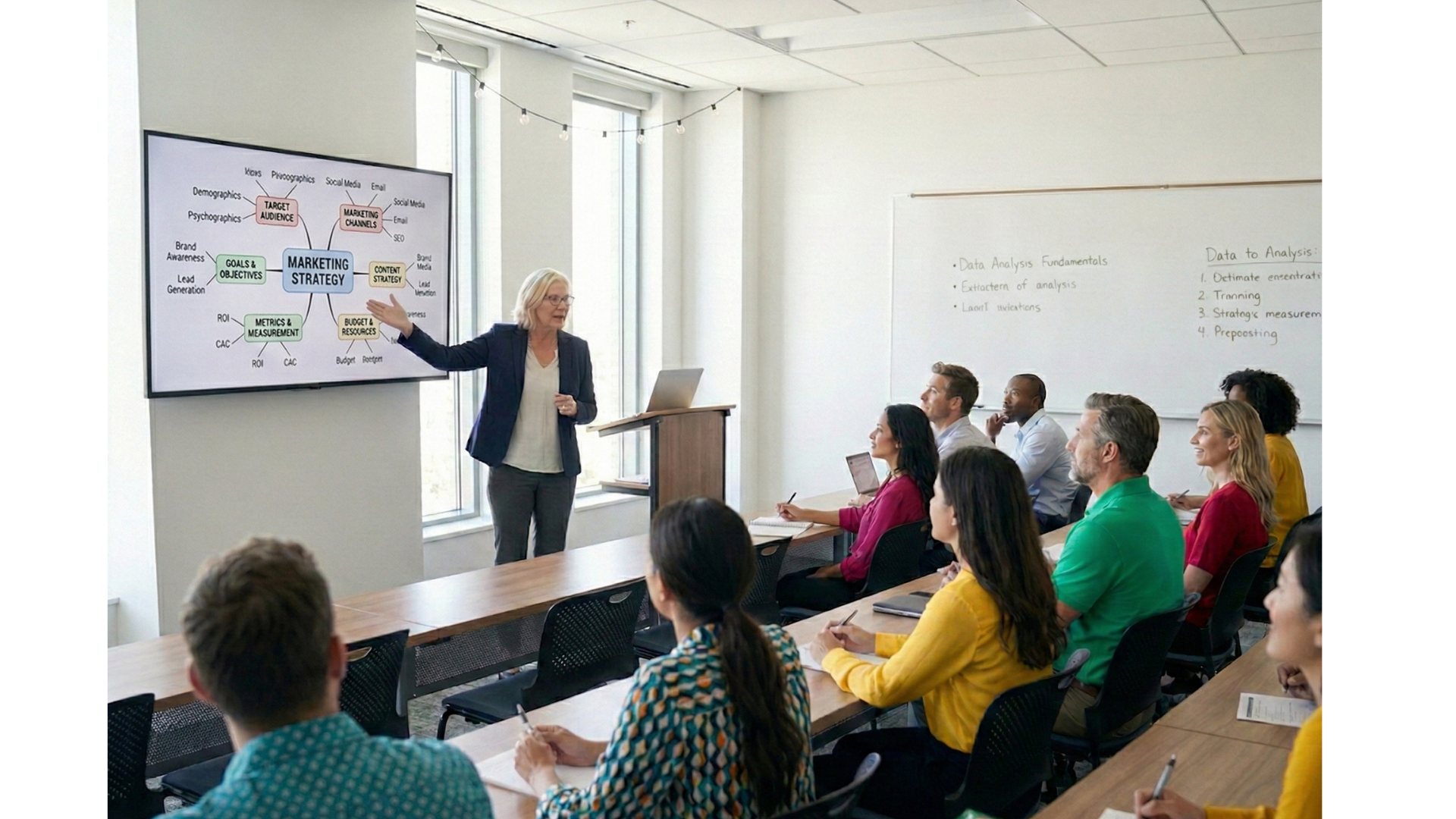 AI generated image of person presenting to a group at a workshop