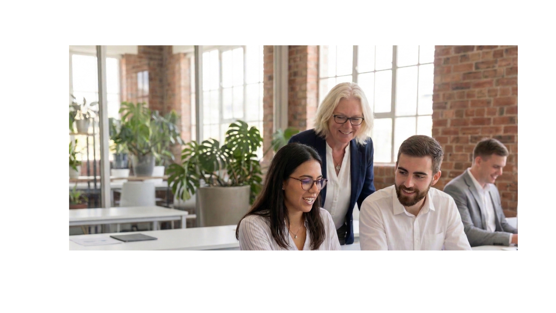 AI generated image of  3 people looking at something for marketing facilities management SaaS