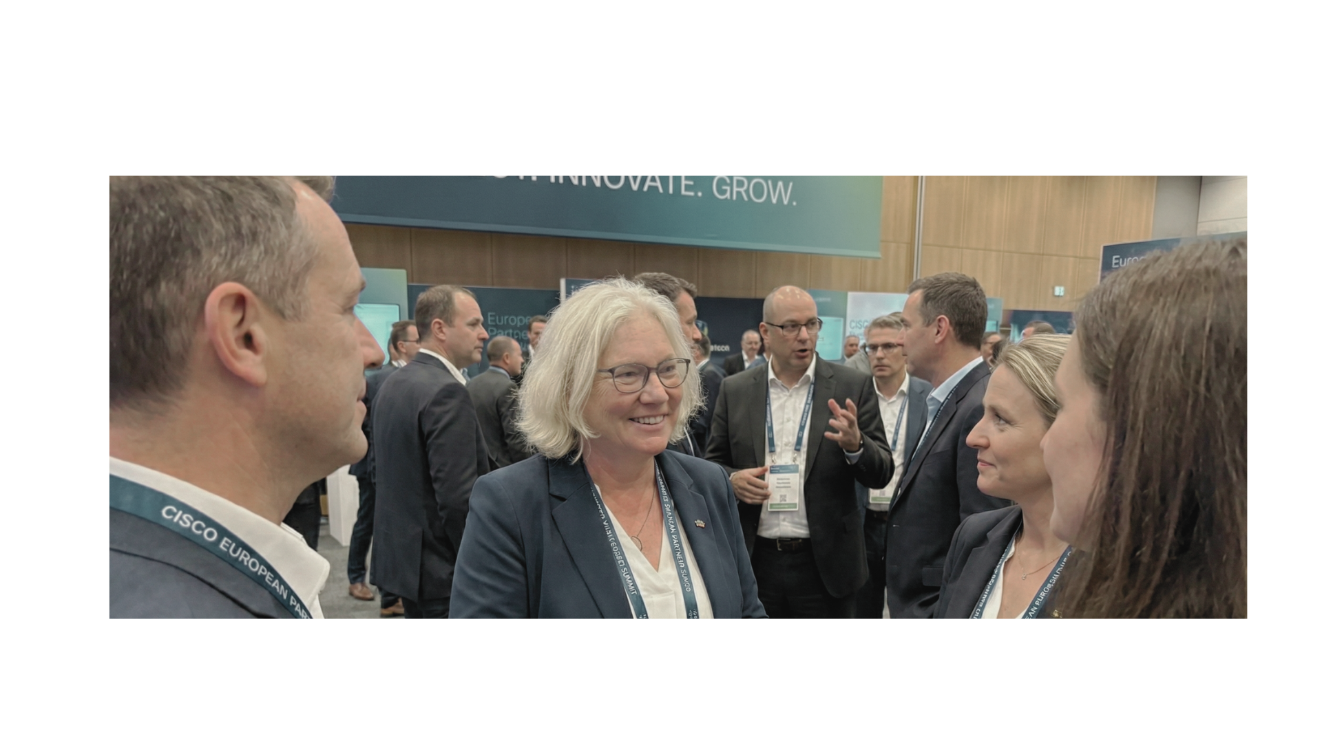 AI generated image of  people talking at EMEA field marketing conference for lead generation