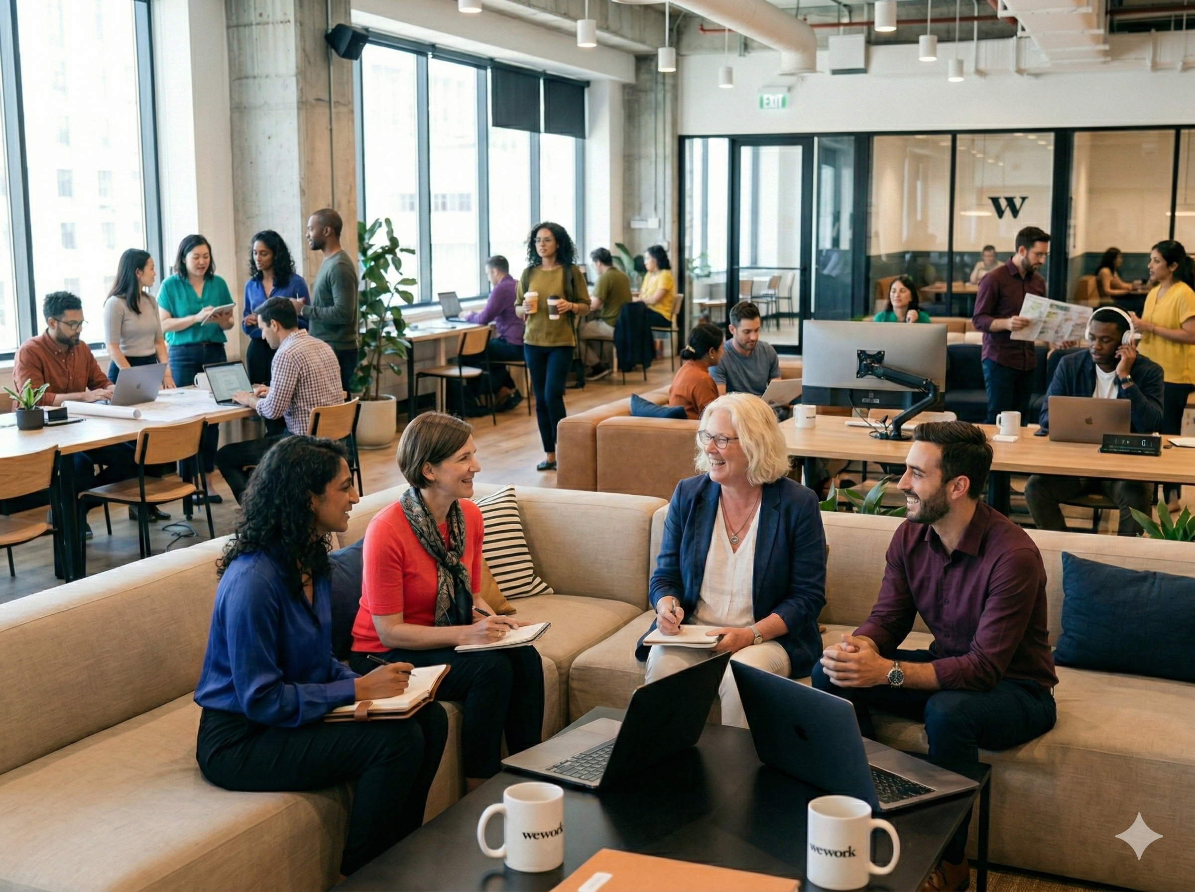 AI generated image of people talking at a co working space about marketing strategy for b2b saas for nonprofits