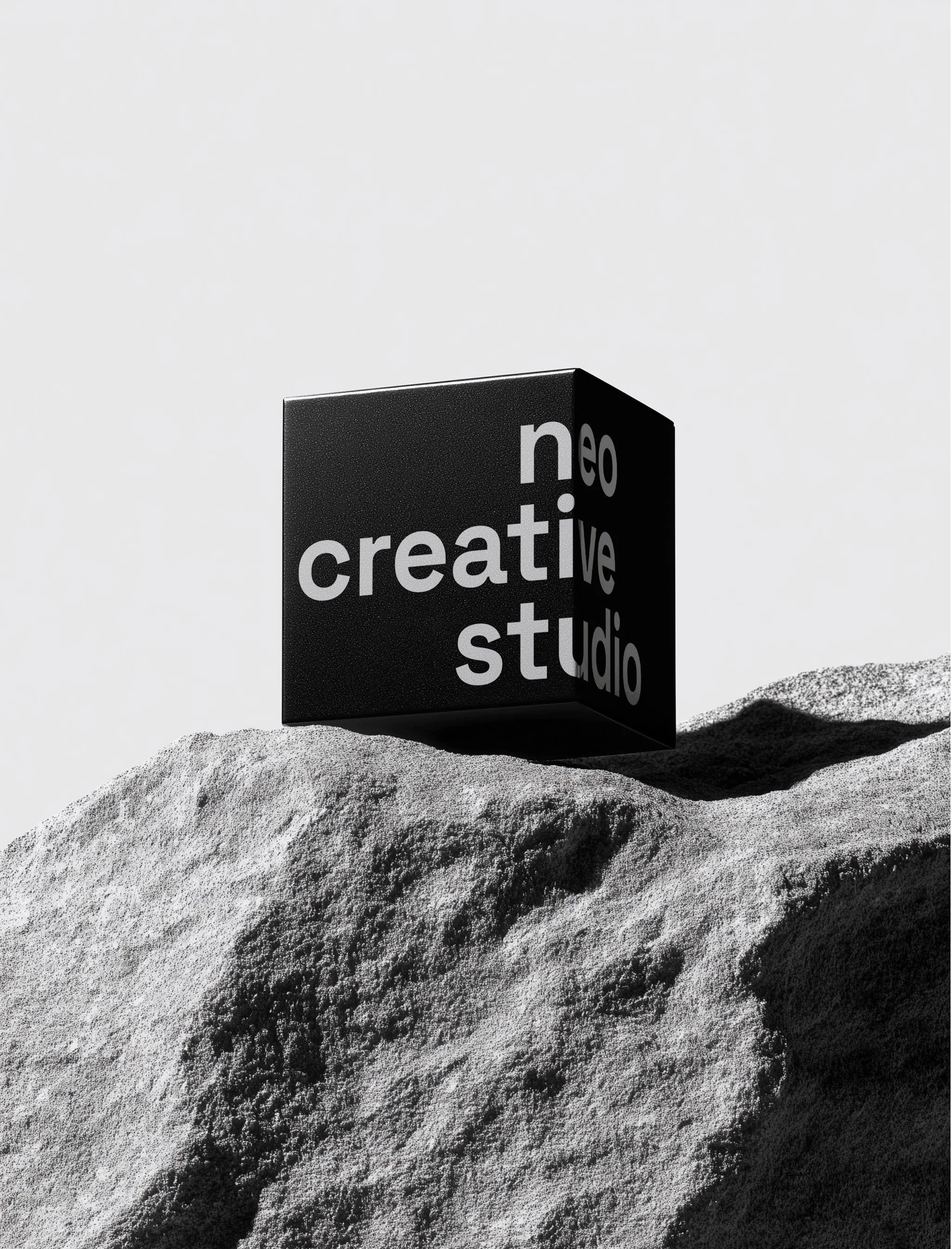 Black cube with white text reading "neo creative studio" is placed on a textured, crater-like surface in a grayscale setting.