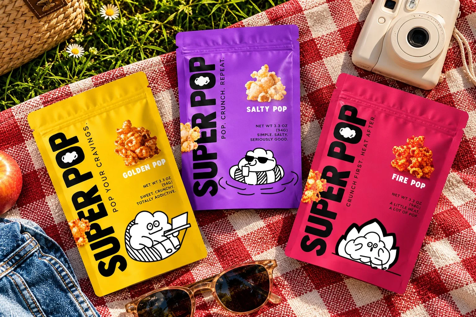 Three colorful bags of popcorn labeled Golden Pop, Salty Pop, and Fire Pop, placed on a red and white checkered blanket outdoors. Additional items include a white instant camera, a small apple, sunglasses, a denim pocket, a woven bag, and a pair of sunglasses, suggesting a picnic setting.