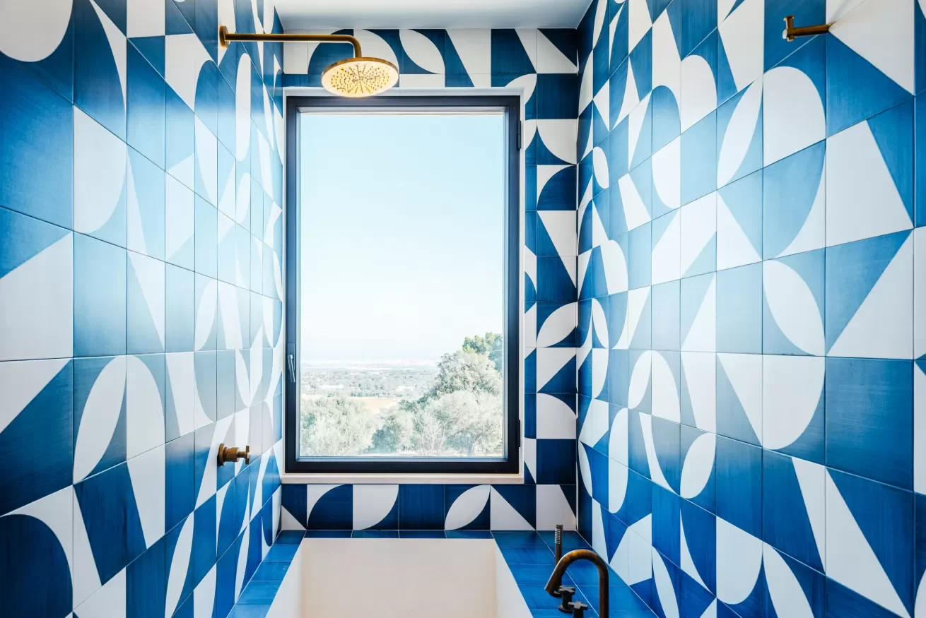 Bathroom with blue and white geometric tiled walls, a window with a scenic view, and a showerhead at the top.