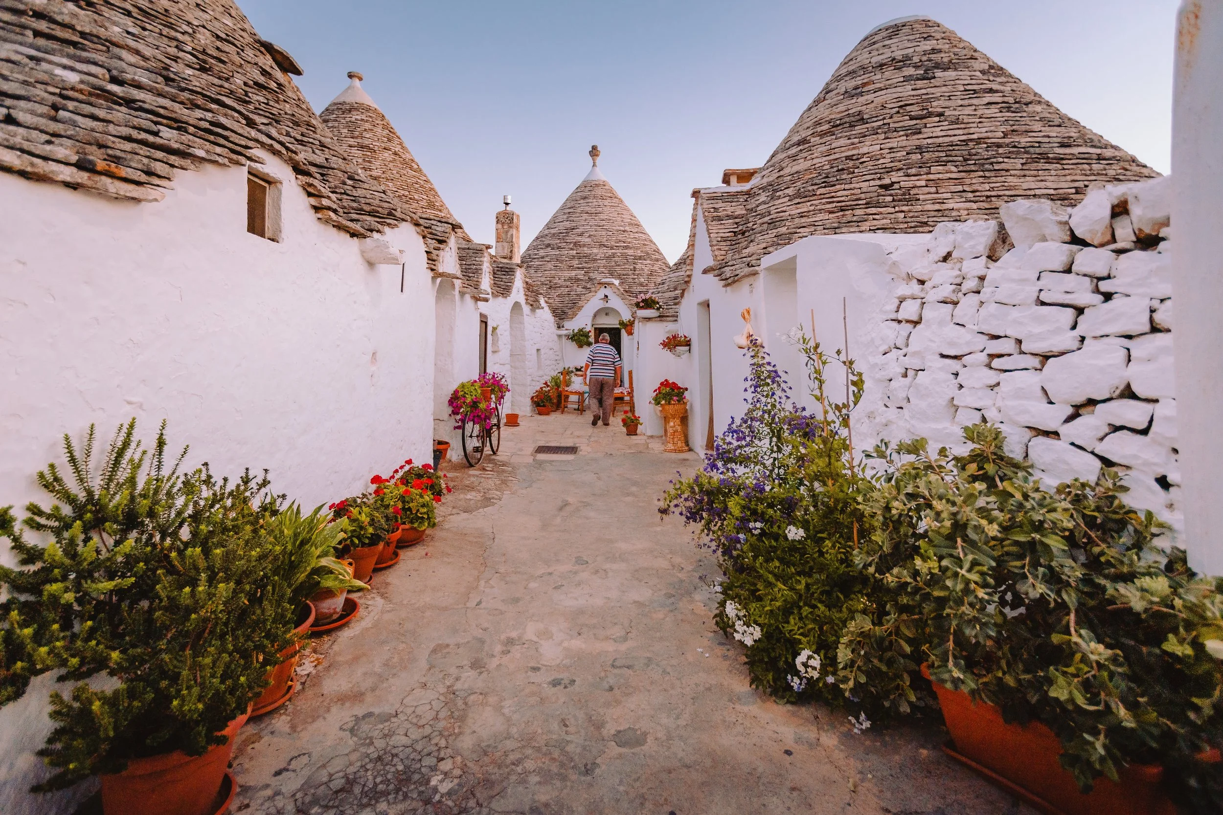 A narrow stone pathway in a village with white-washed buildings and conical stone roofs, decorated with colorful flowers in pots.