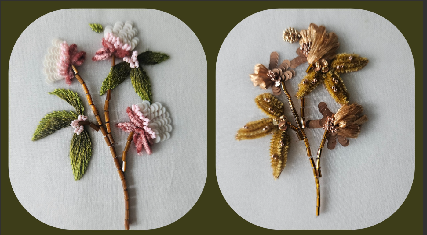 Two embroidered floral brooches with beads, sequins, and fabric embellishments on a light background.