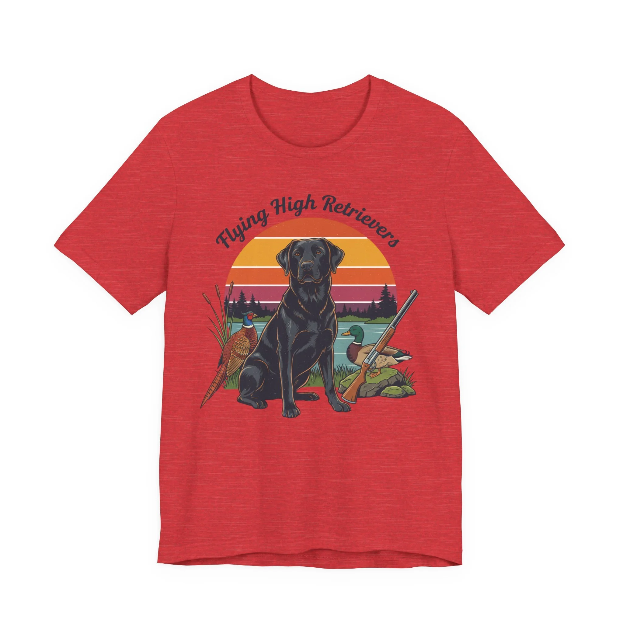 Retro Hunting T‑Shirt — "Flying High Retrievers" Black Lab, Pheasant, Duck Outdoors Tee