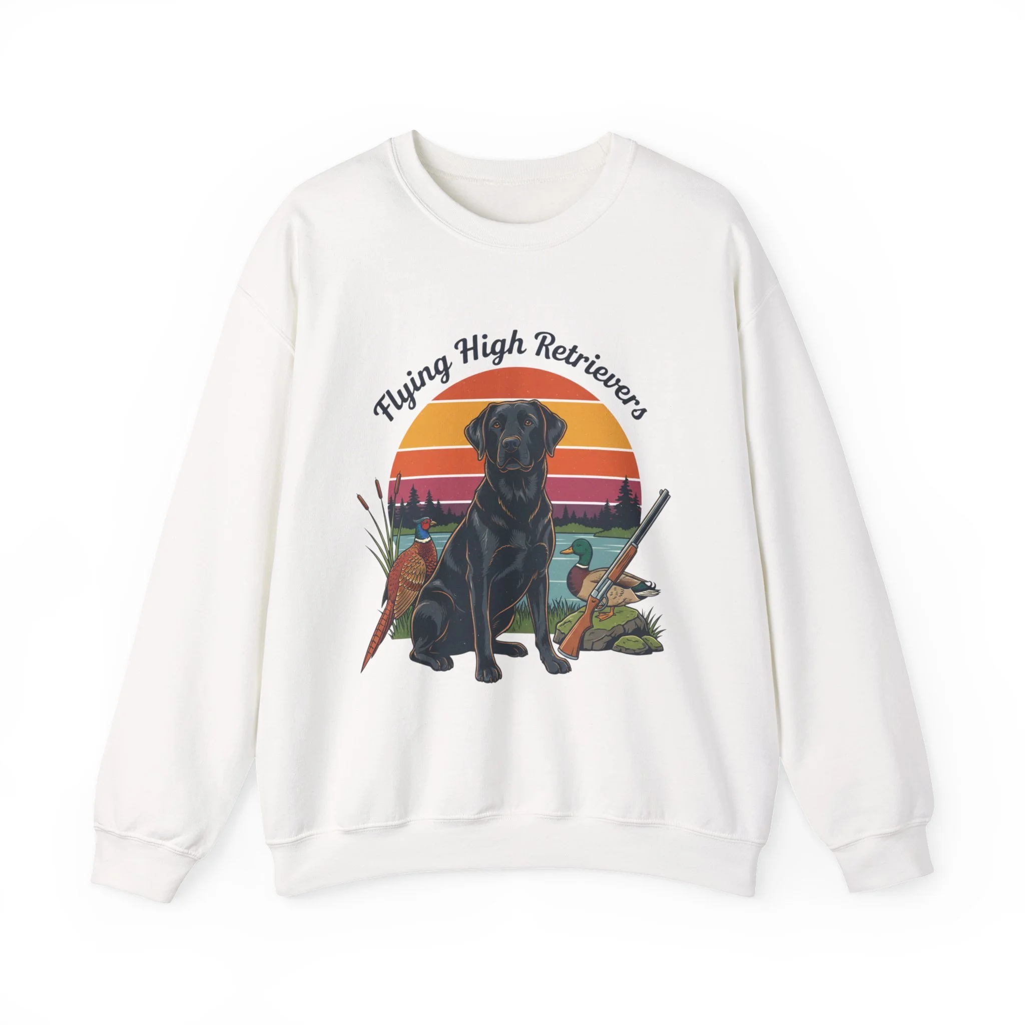 Retro Hunting Sweatshirt — Labrador, Pheasant & Duck Sunset Design