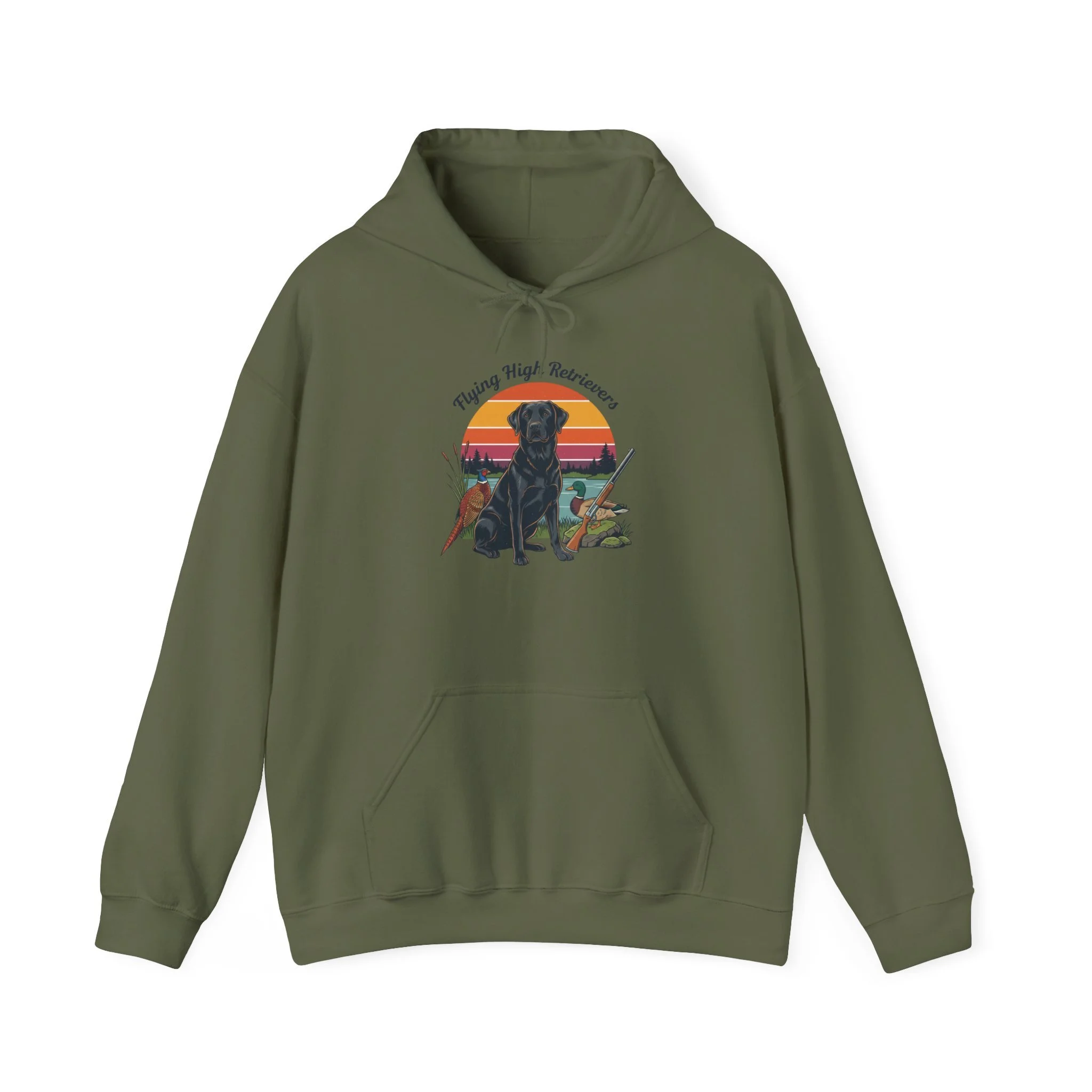 Retro Hunting Hoodie — Labrador, Pheasant & Duck Sunset Design
