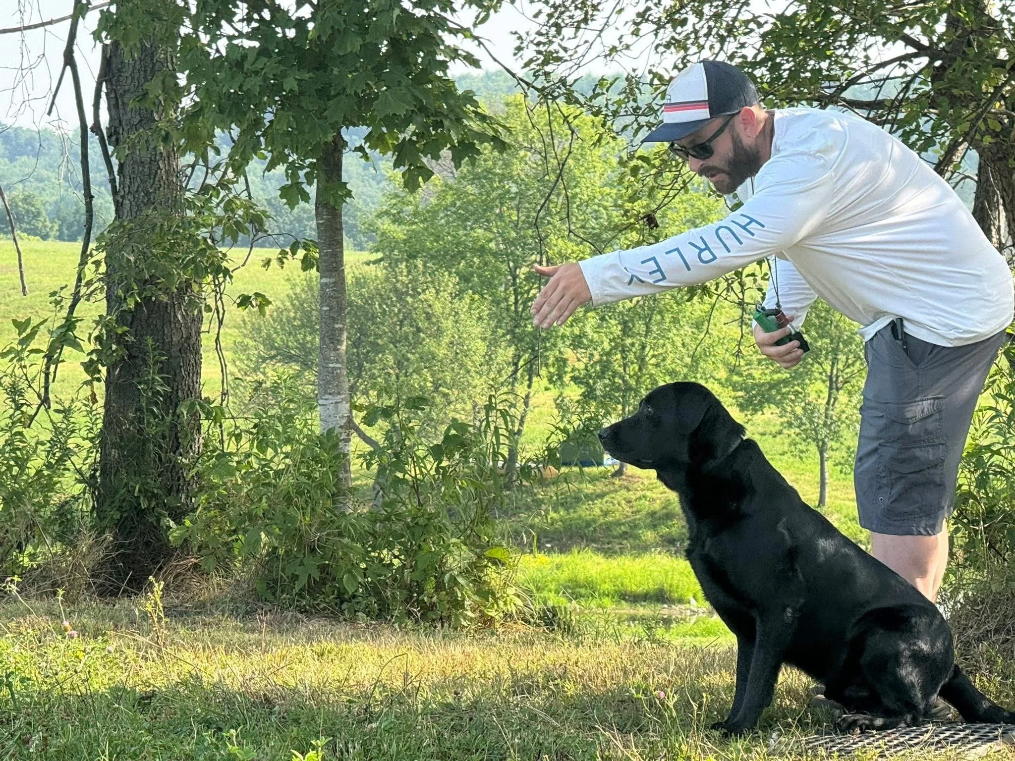 A man wearing a white long sleeve shirt with blue text on the sleeve, gray shorts, sunglasses, and a baseball cap is practicing training with a black Labrador retriever dog outdoors under the shade of trees, on a grassy area.