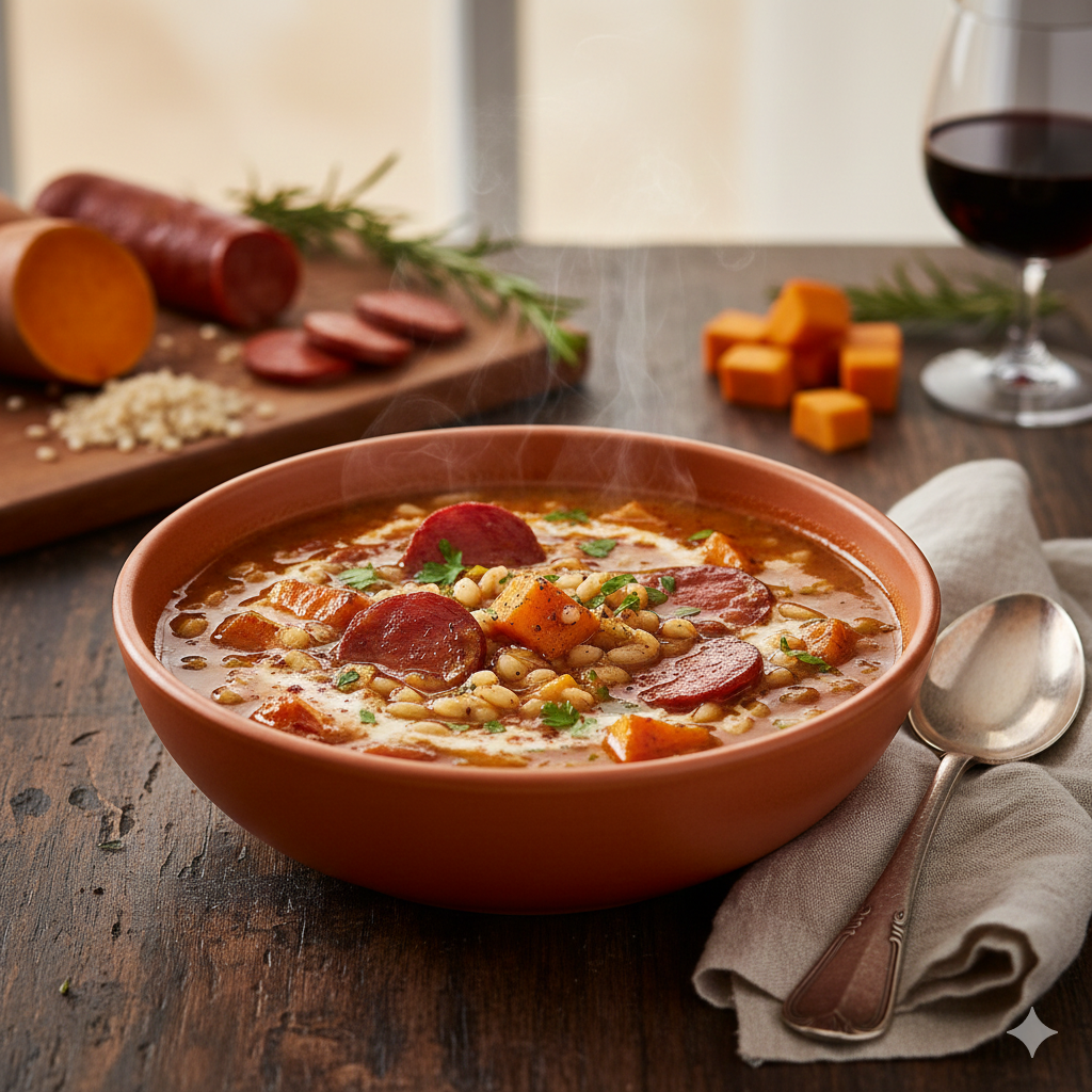 Chorizo and pearl barley soup
