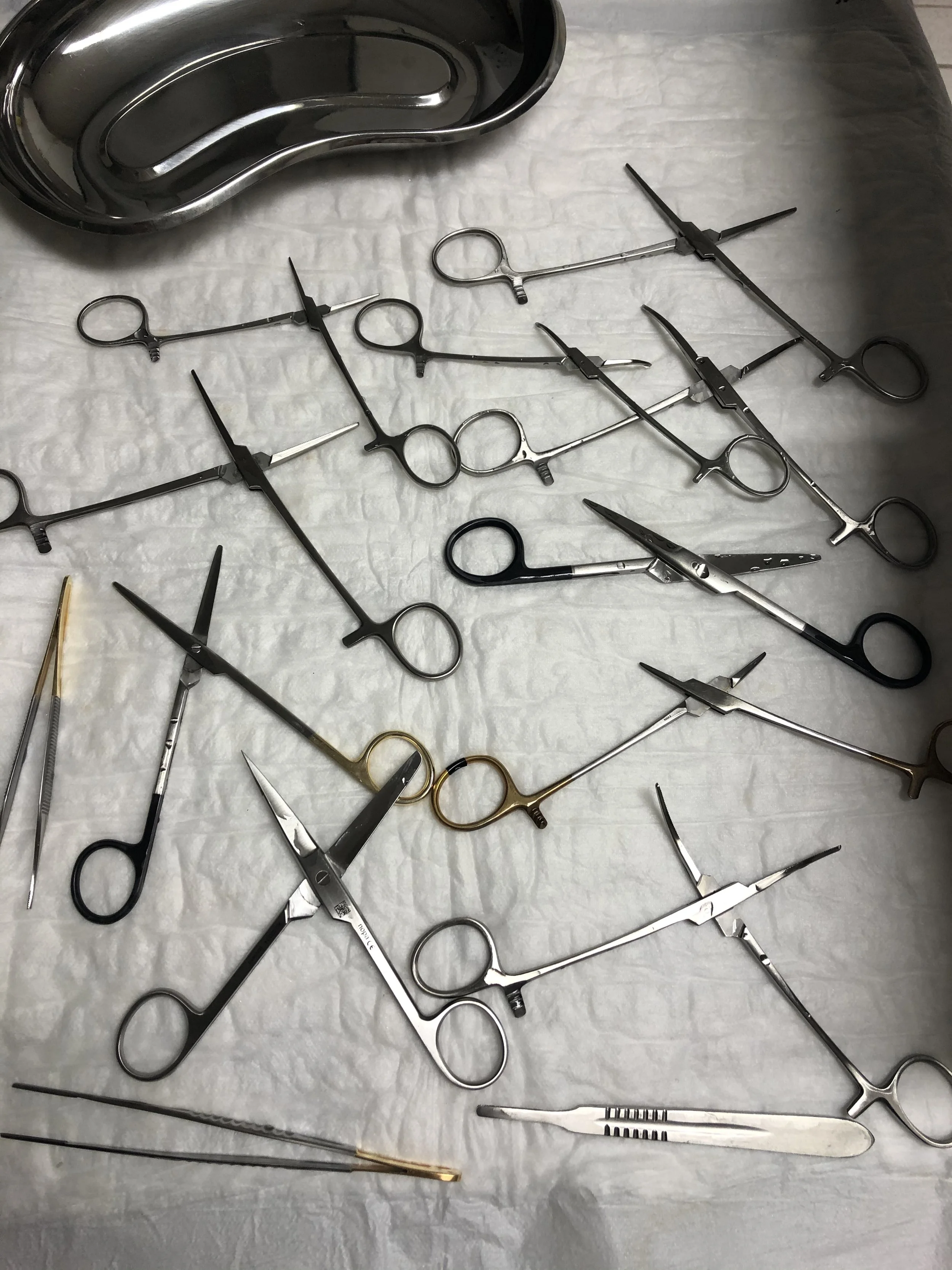 Lääketieteellisiä saksia ja välineitä pöydällä, osa on teräviä ja osa muotoiltuja kirurgisia työkaluja, osa pihtityökaluja ja pinseteitä.