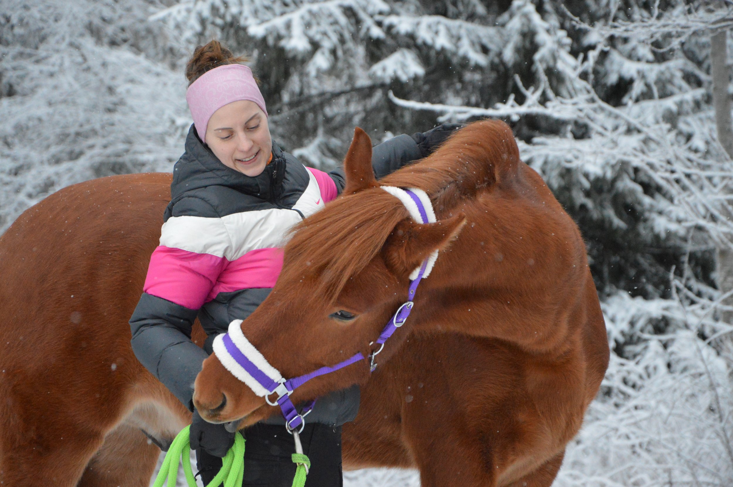 Nainen pitelee ratsastuskypärää, ratsastaa hevosta lumisessa metsässä.