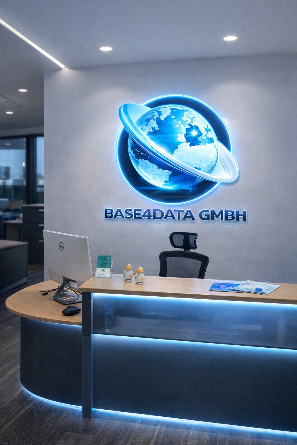 Büroempfangsbereich mit Firmenlogo "BASE4DATA GMBH" an der Wand, einem Schreibtisch mit einem Computer und einigen Dekorationsartikeln.