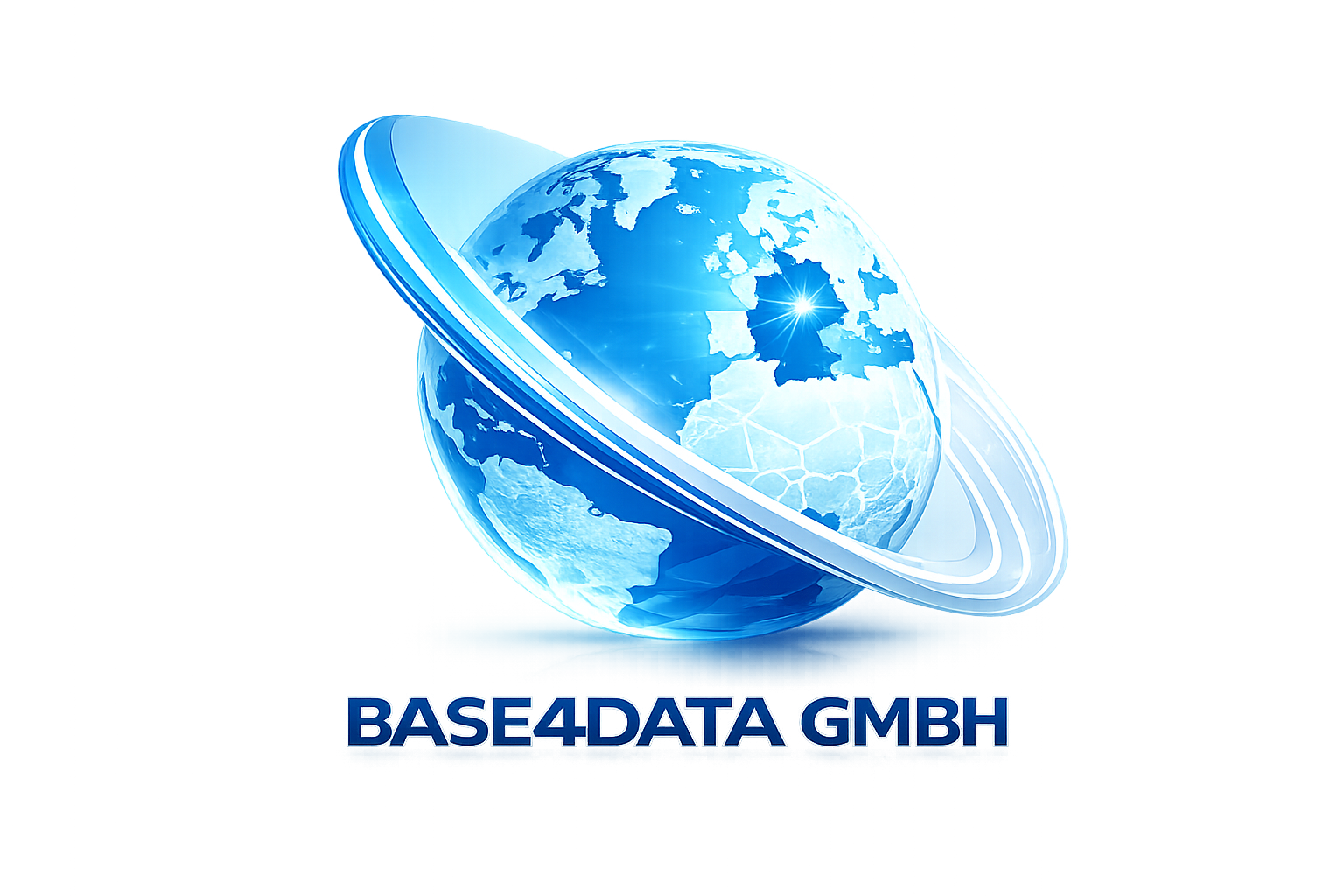 Grafik eines blauen Planeten mit einem Ring, der ihn umkreist, darunter der Schriftzug 'Base4Data GmbH'.