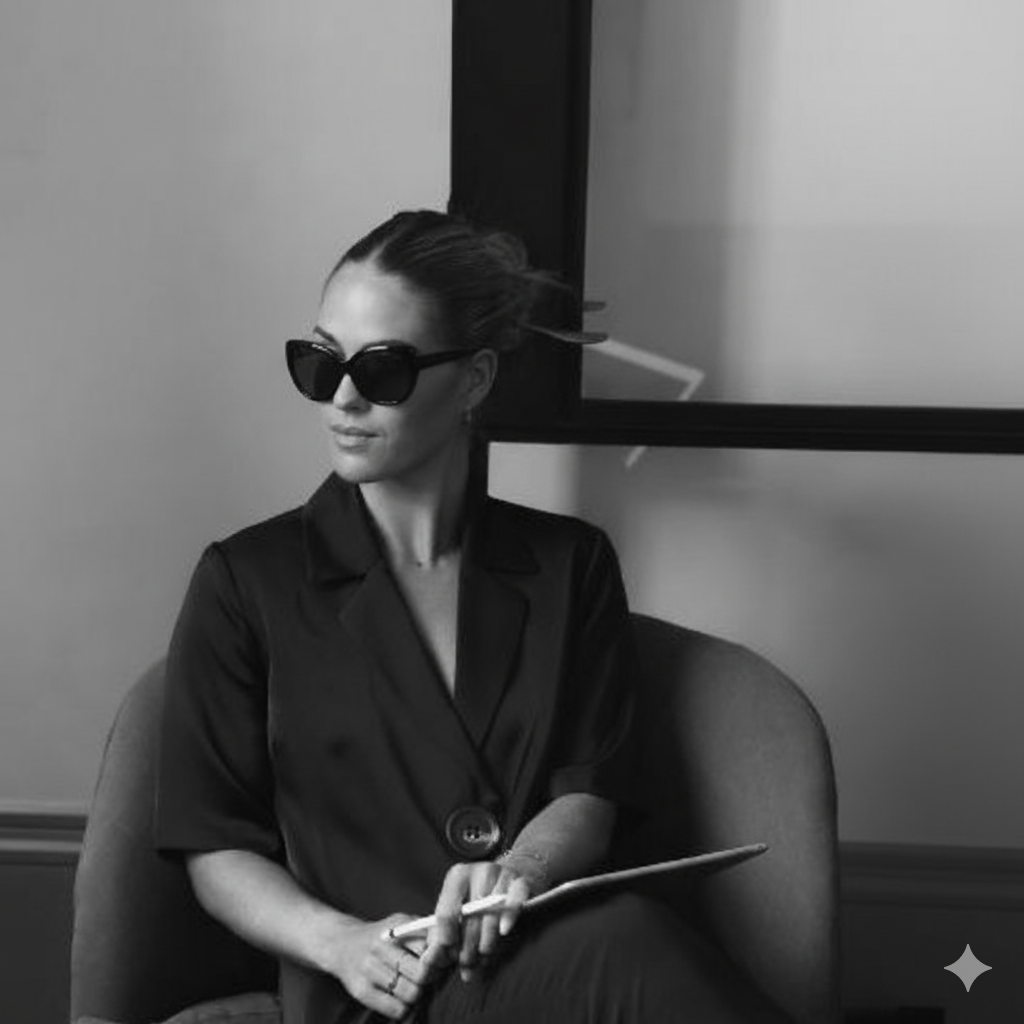 A woman wearing large sunglasses and a dark blazer sits in a chair, holding a notebook and pen, with a large window or mirror behind her.