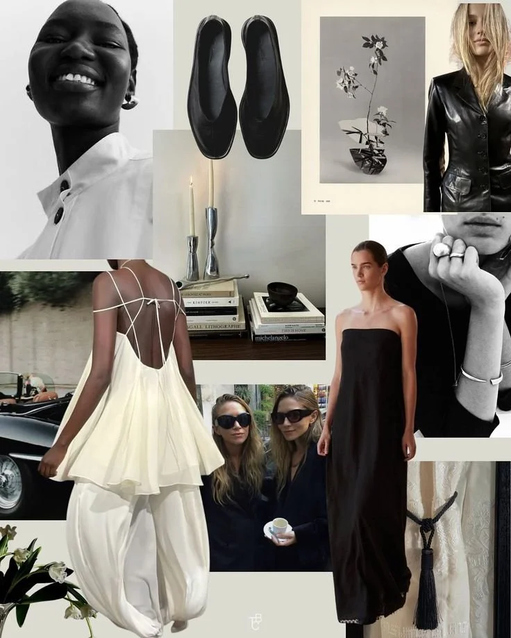 A collage of fashion and lifestyle images, including people in stylish clothing, a pair of black shoes, a framed floral art print, candles, books, sunglasses, and a woman in a black dress.
