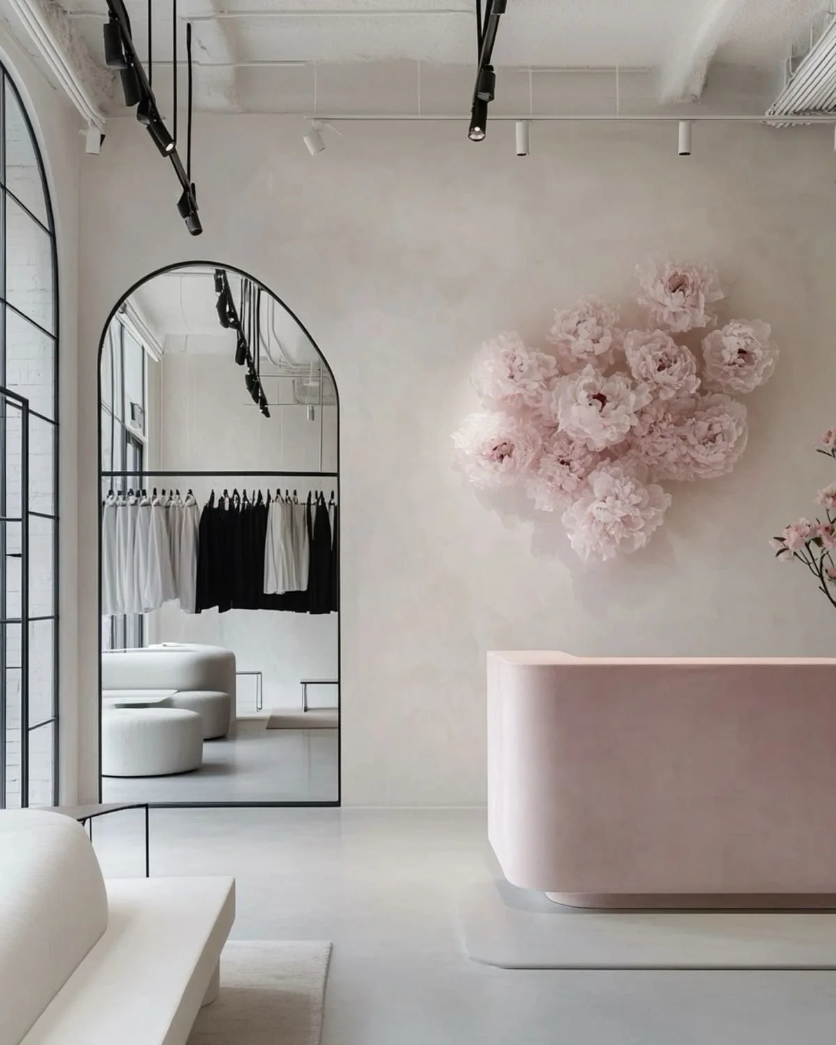 Minimalist boutique store interior with soft pink flowers wall art, white and black clothing hanging on a rack, large arched mirror, and cream-colored furniture.