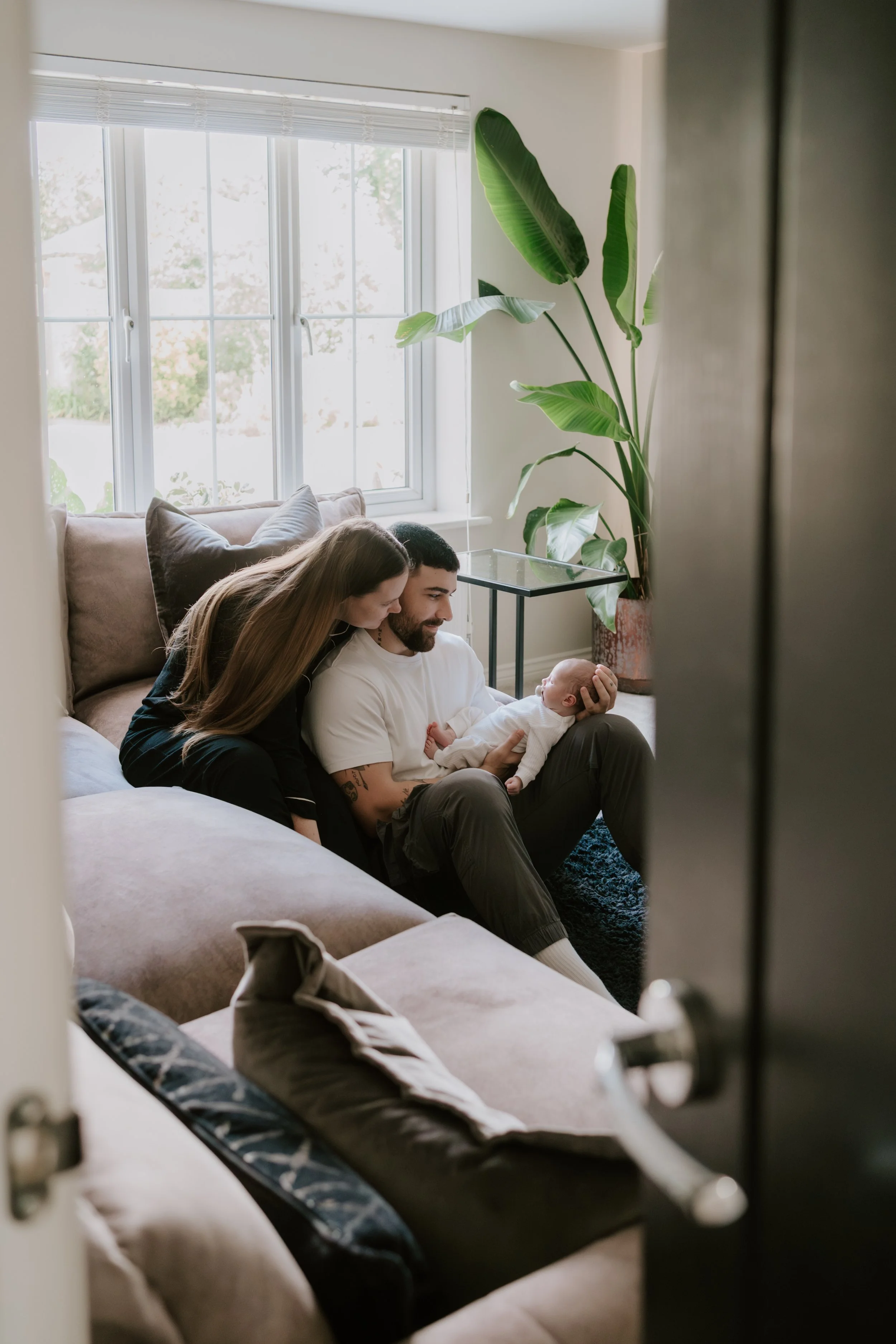 A family of three sitting on a couch in a living room, with a man holding a baby, and a woman leaning in close to them. There is a large green plant near the window.