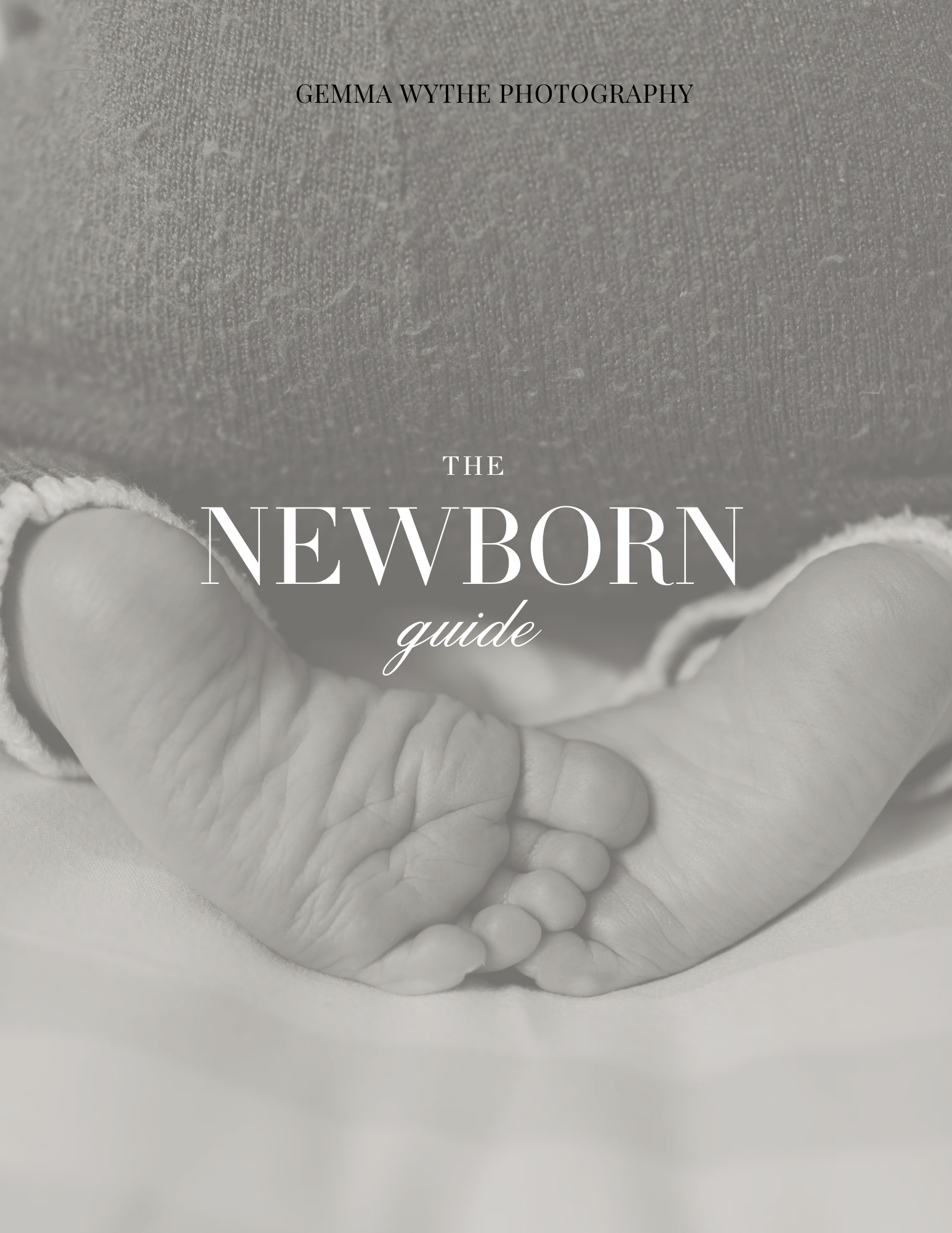 Cover page of a booklet titled 'The Newborn Guide' featuring a black-and-white photograph of a newborn baby's feet.