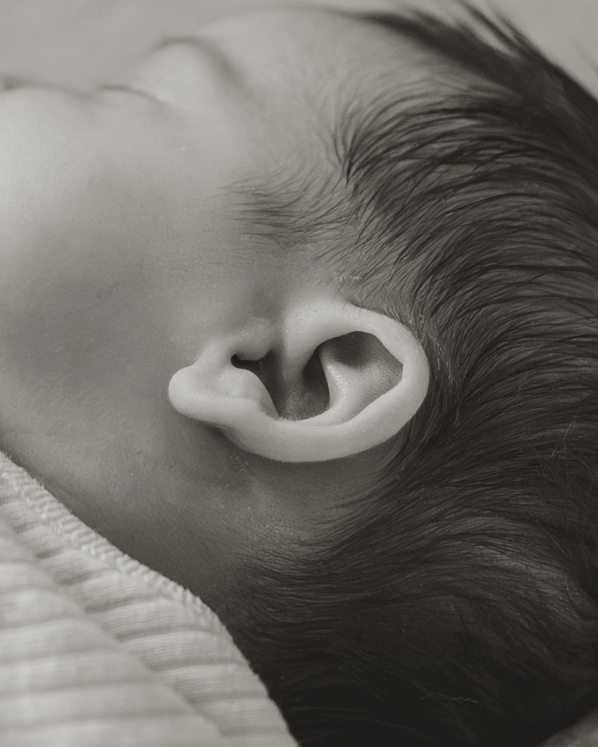Close-up black-and-white photo of a baby's nose and part of their face, with focus on the nostril and surrounding skin and hair.