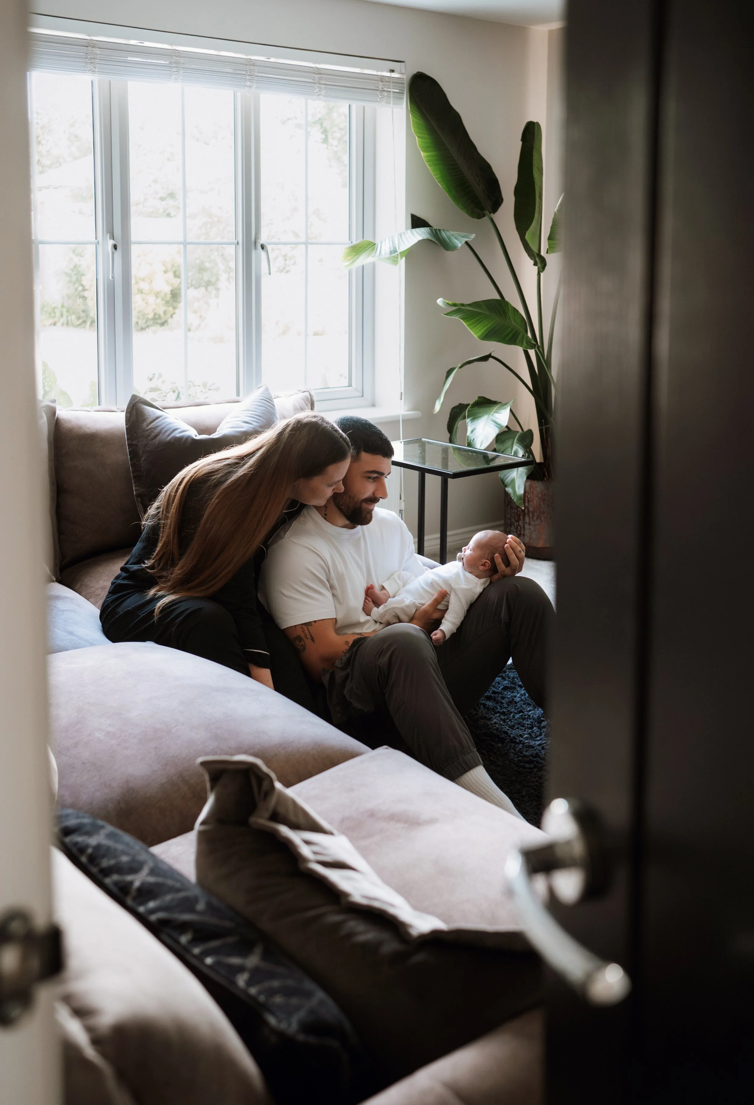 A couple with a newborn baby sitting on a living room couch, looking at the baby, with sunlight coming through a large window and a big green plant in the background.