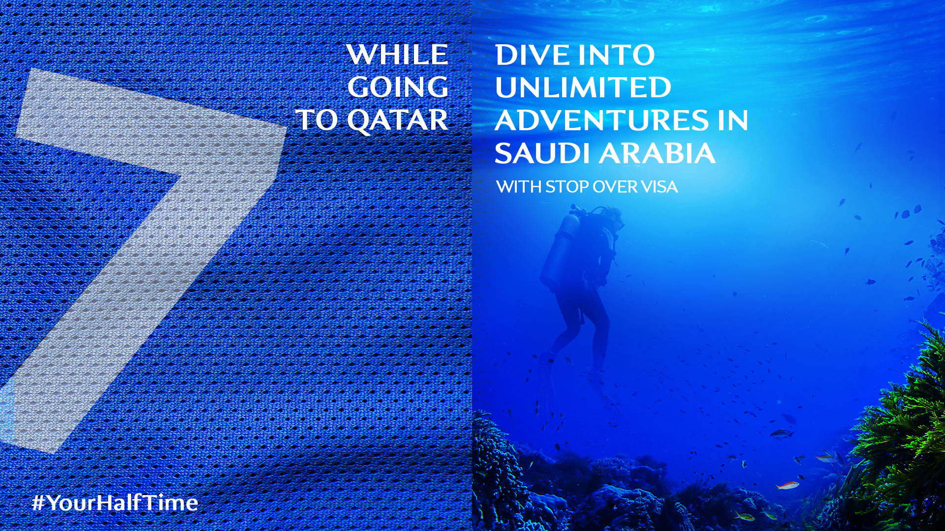 Digital poster advertising underwater adventures in Saudi Arabia, featuring a scuba diver among coral and fish, with text about traveling to Qatar and Saudi Arabia.
