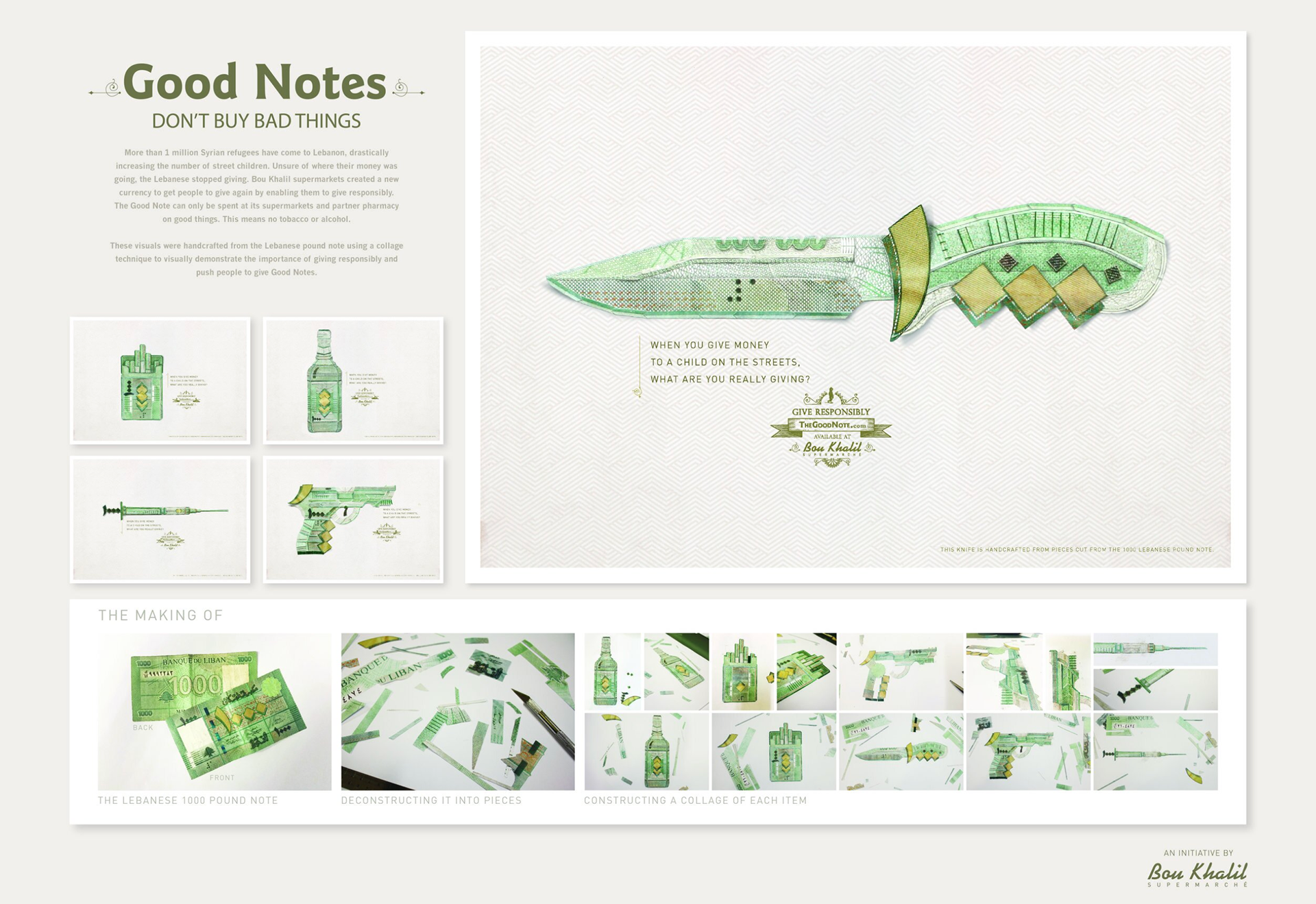 An artistic collage made from Lebanese 1000 pound banknotes, including images of money, a knife, a syringe, and a gun, with the knife prominently displayed and accompanied by a message encouraging responsible giving.