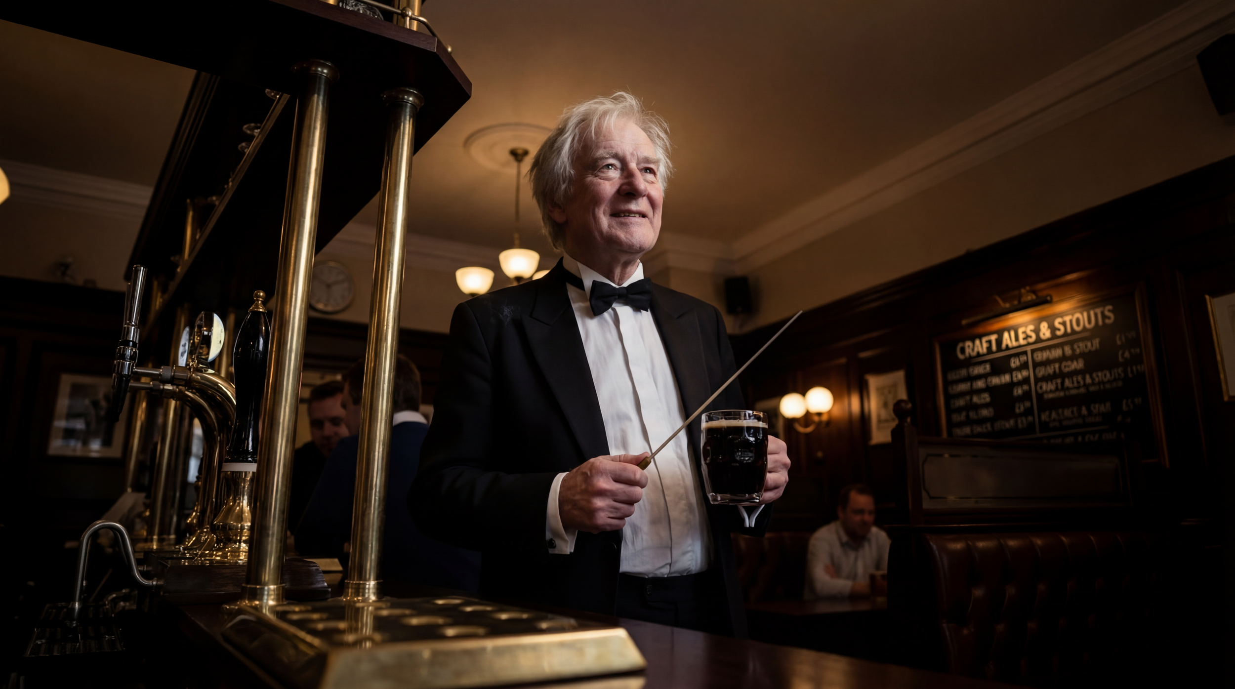 An elderly man in a tuxedo holding a pint of dark beer and a long spoon in a pub.