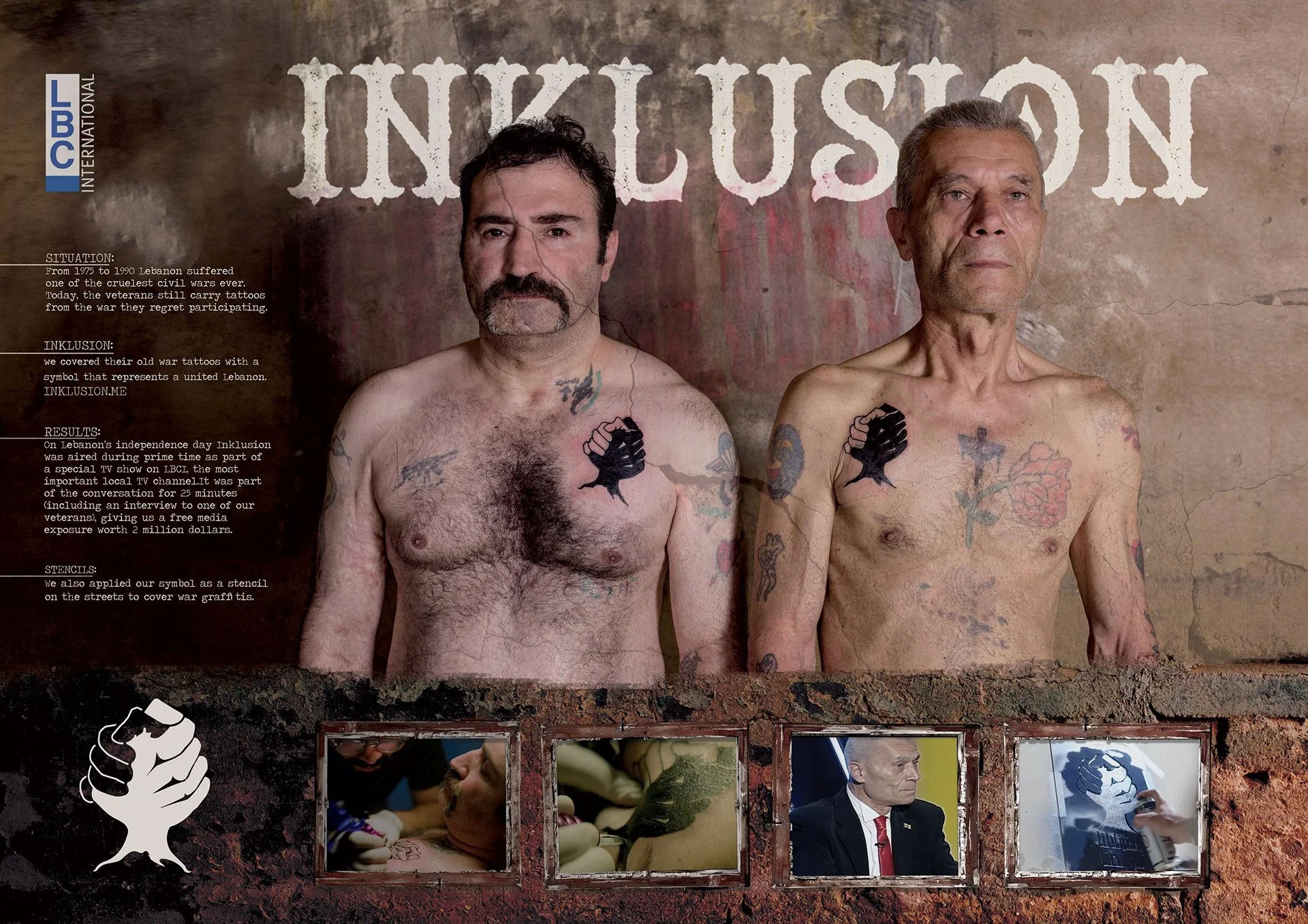 Two shirtless men with numerous tattoos stand against a dirty wall with the words 'INCLUSION' painted above their heads. The man on the left has a beard and mustache, and the man on the right is older with gray hair. Both have tattoos of clenched fists and other symbols. Below, a also includes text explaining their tattoo project and its significance. Small photographs at the bottom depict the tattooing process and a man in a suit during an interview.