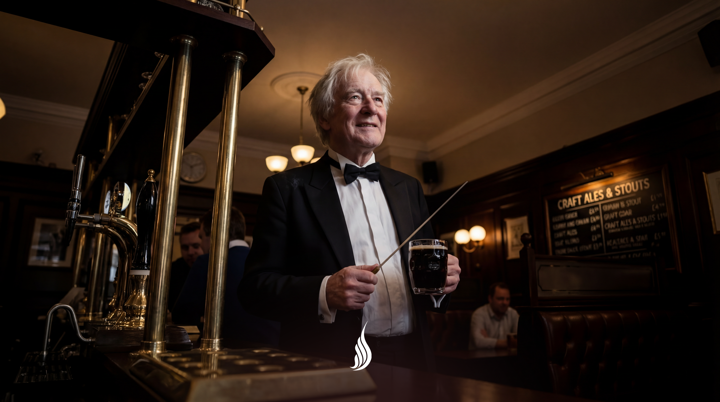 An older man in a tuxedo holding a pint of dark beer and a drink stirring stick, standing at a bar in a pub with a rustic interior.