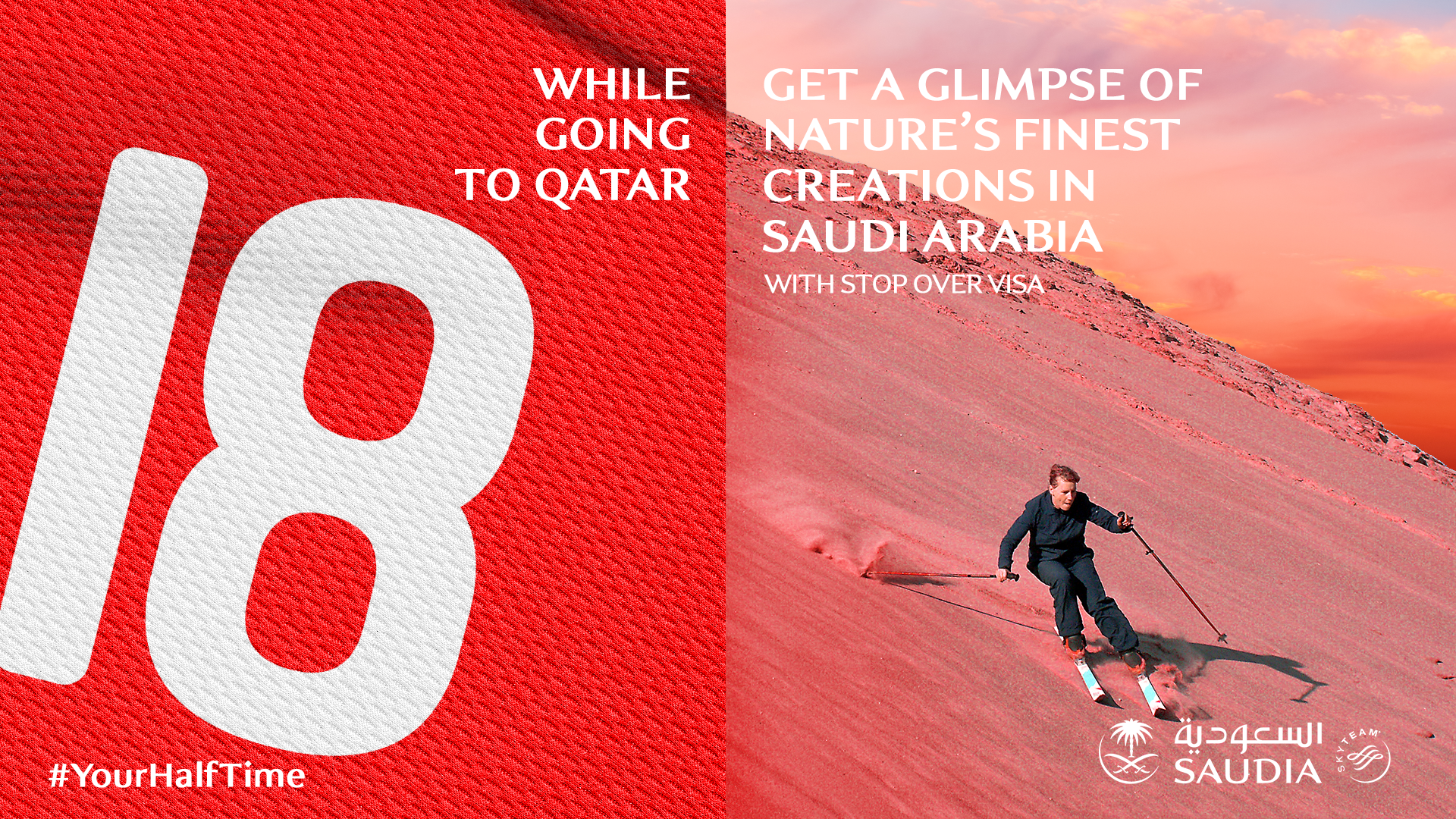 Red section of a graphic displaying a large white number 10 textured on a knit fabric background, with the text 'WHILE GOING TO QATAR' above it and #YourHalfTime hashtag at the bottom left. The right side shows a person skiing on pink sand dunes at sunset, with the sunset sky visible, and the logo of Saudia airline at the bottom right.