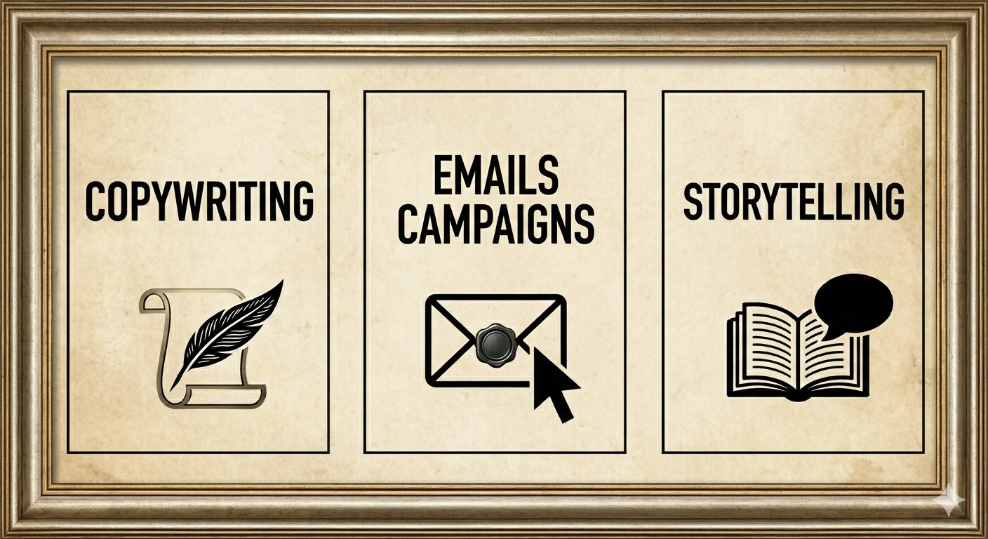 An image of a framed sign with three sections labeled 'Copywriting', 'Emails Campaigns', and 'Storytelling'. Each section has an icon: a quill, an envelope, and an open book with a speech bubble, respectively.